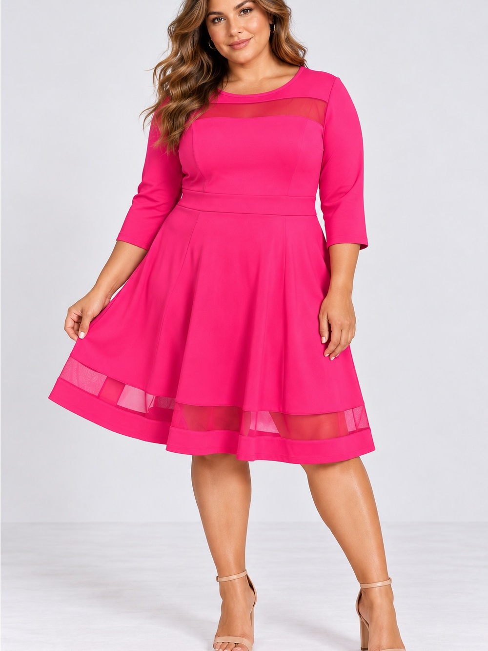 🆕🎉NWT Lane Bryant Hot Pink Fit-and-Flare Mesh-Panel Midi Dress